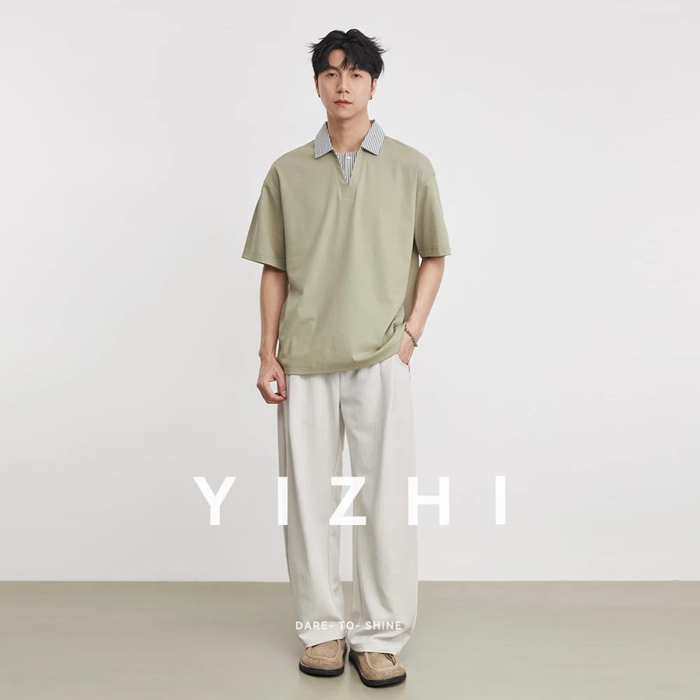 2026 New Summer Men's 220g Heavyweight Striped Lapel Spliced Polo Shirt Short Sleeve Fashion Simple Versatile Tee