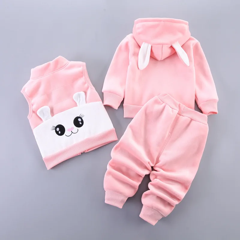 1 2 3 4 Years Autumn Winter Girls Clothing Sets Cute Rabbit Keep Fashion Coat + Vest +Pants Baby Princess Suit Children Clothing