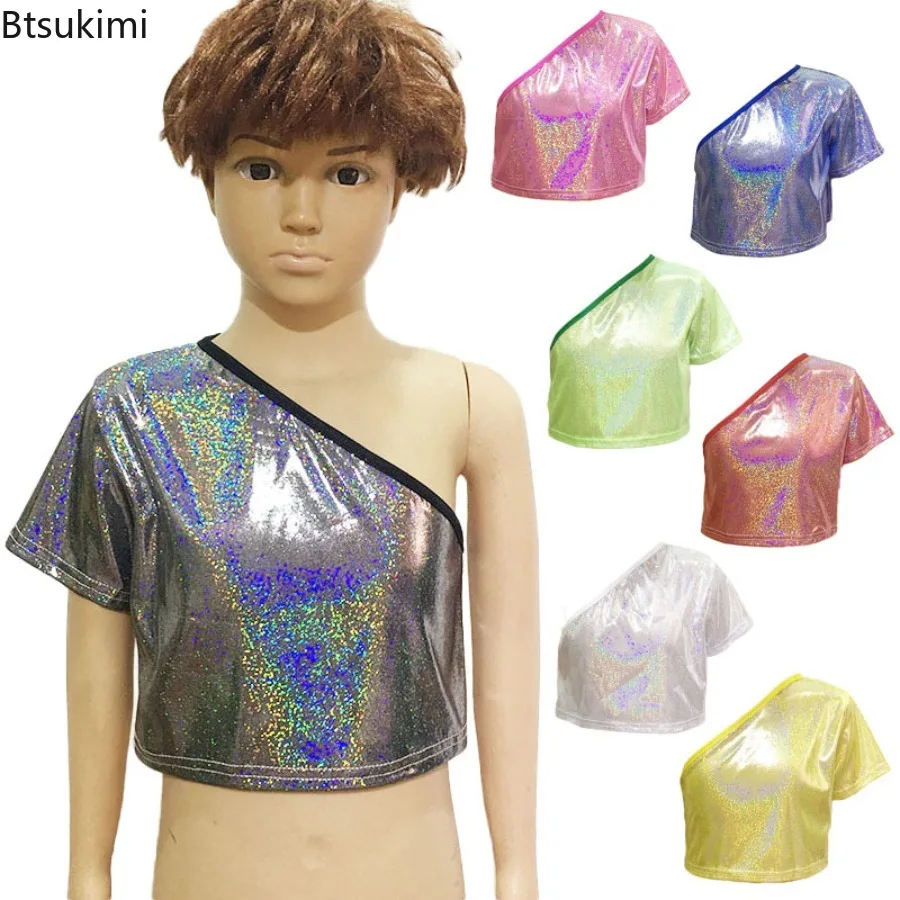 Kids Girls Jazz Hiphop Dance Costume Cheerleading Stage Performance Costume Single Shoulder Metallic Shiny Crop Tops for Girl