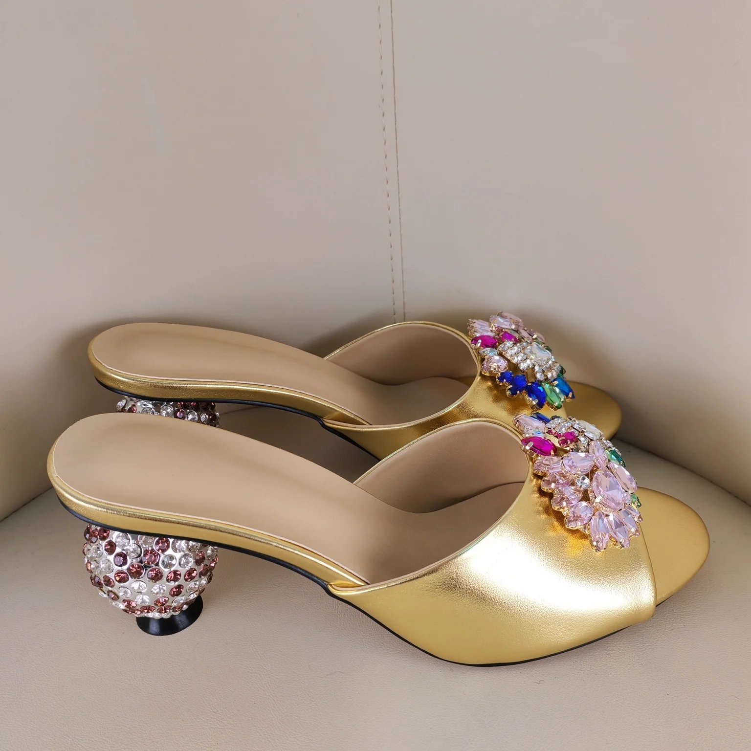 

Golden Multicolor Rhinestone Women Shoes Mules Open Toe Slip‑On Ball Thin High Heels Female Slide Sandals Sexy Party Slippers