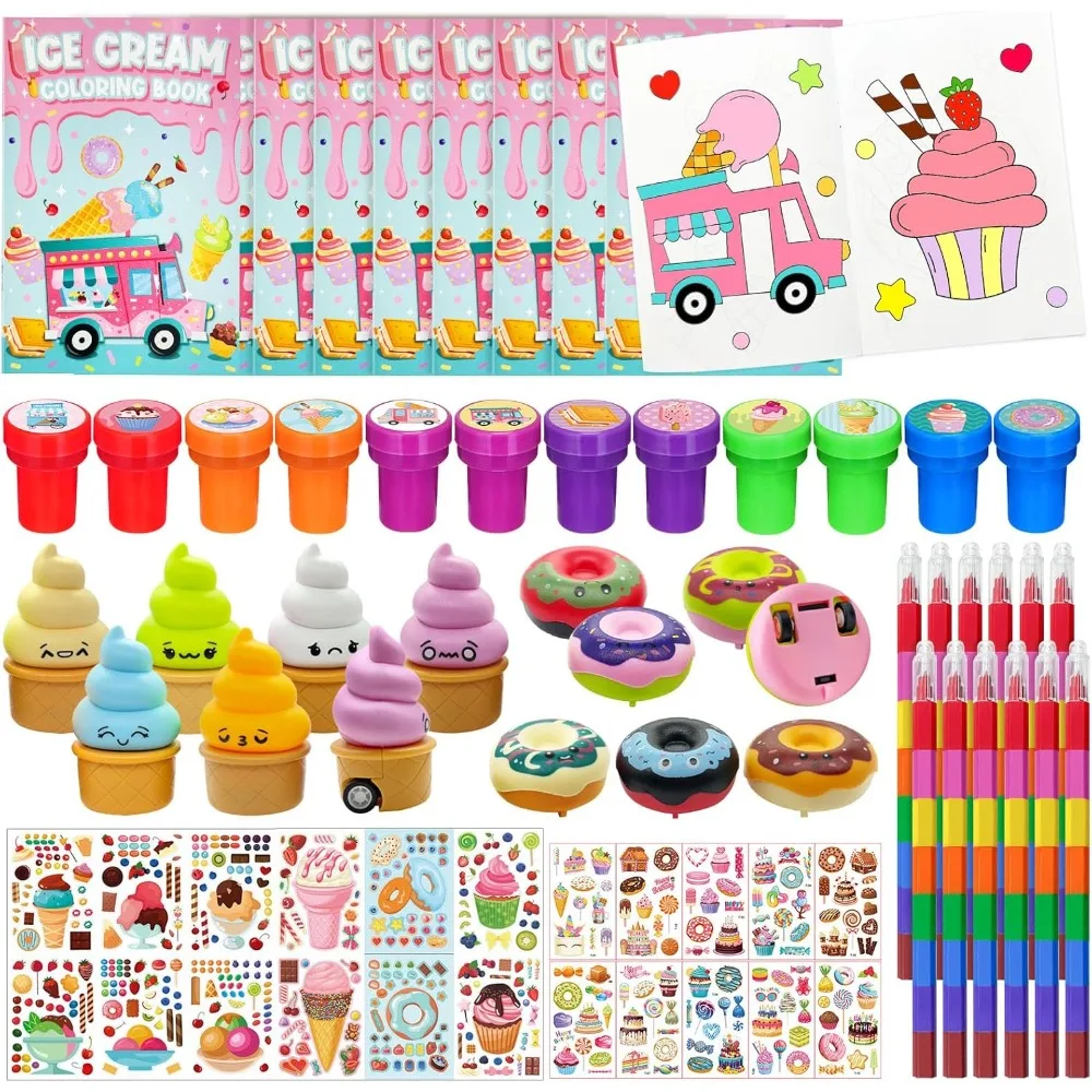 

72 Pcs Ice Cream Party Favors Bulk, Candyland Donut Birthday Goodie Bag Fillers, Sweet Candy Party Coloring Books with Rainbow