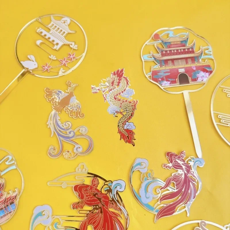 Decoración de Pastel de dragón de fiesta impresa en Color de estilo chino, adornos de pastel de acrílico con tema de nubes auspiciosas, Phoenix, China