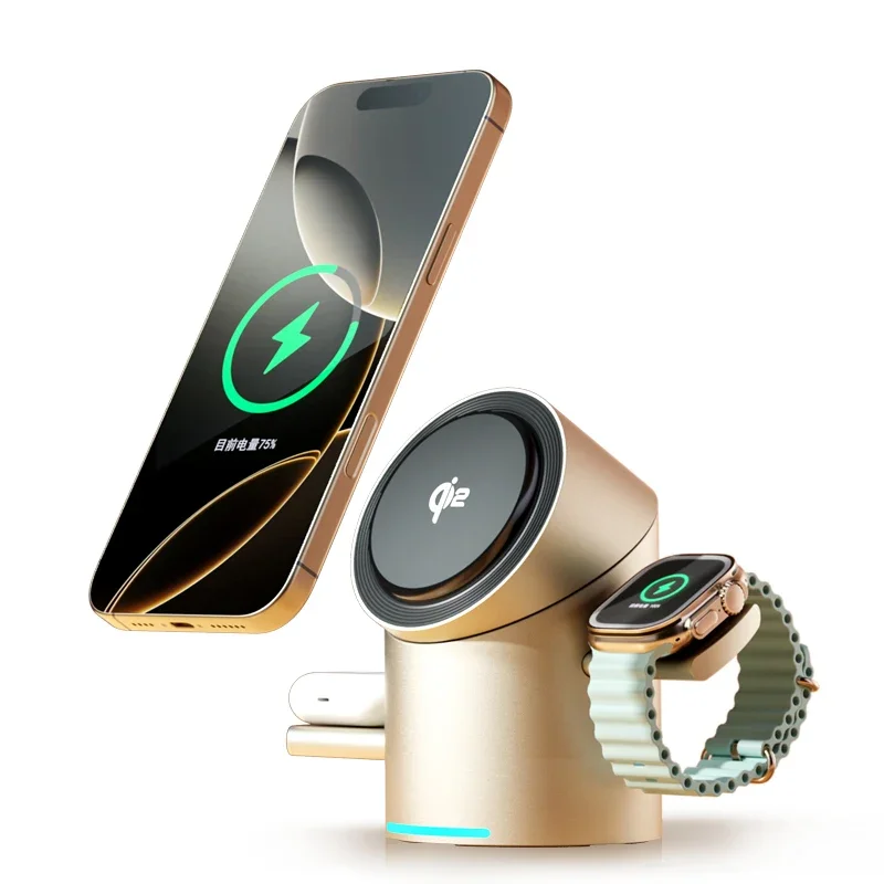 Qi2 Magnetic Wireless Charger 3-in-1 Intelligent Fast Charging Station 15W for IPhone 13/14/15/16 Series, Apple Watch & AirPods