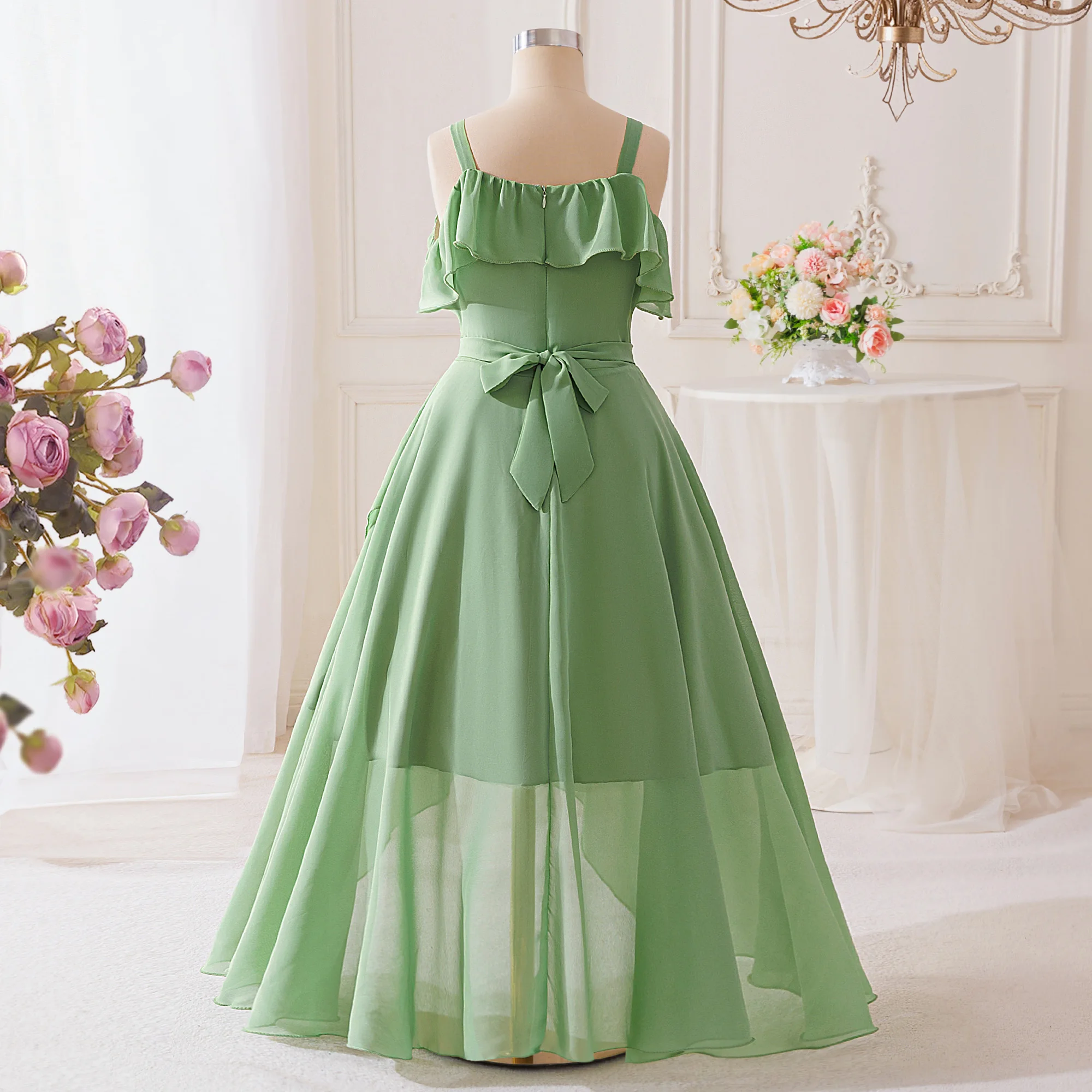 Elegant Ruffle Bridesmaids Party Girls Dress Summer Wedding Birthday Princess Dress for Girl Tulle Prom Performance Gala Costume