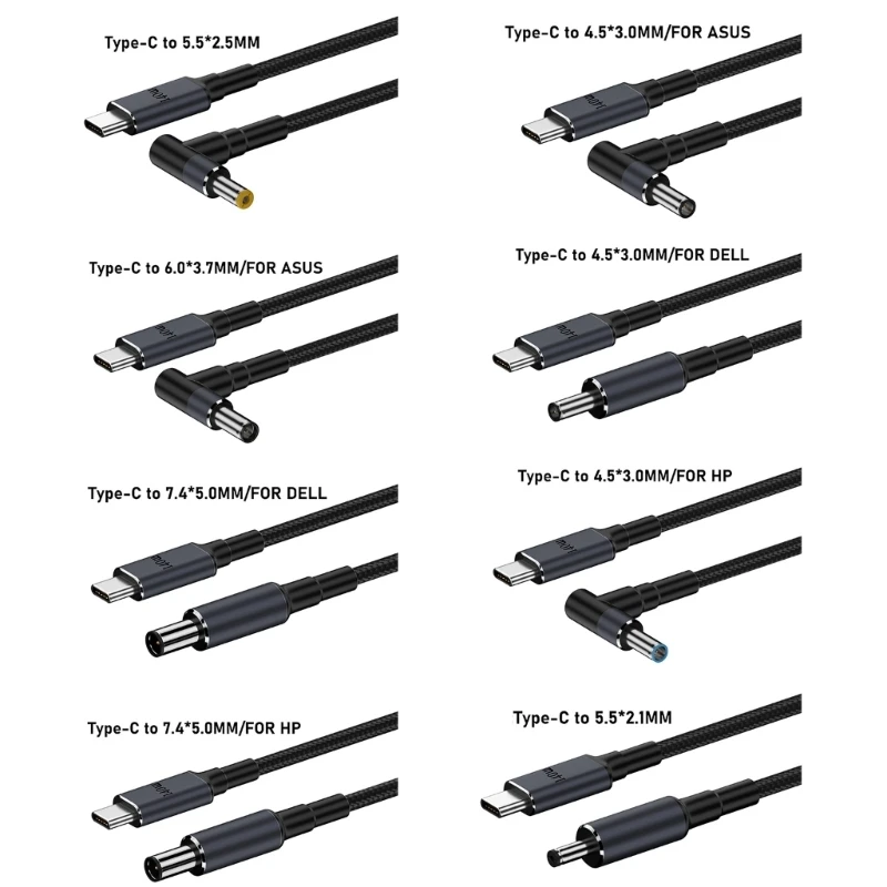 140W PD USB C Type C Male to DC5.5x2.5mm/5.5x2.1mm/4.5x3.0mm/6.0x3.7mm/7.4x5.0mm Power Supply Charging Cable for Laptop Notebook