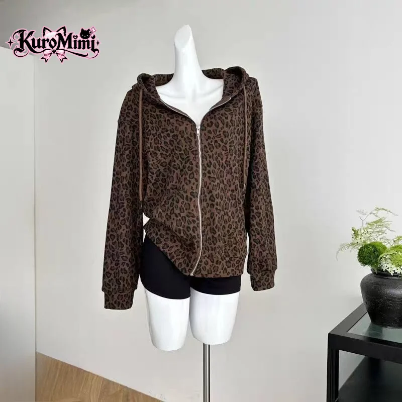 Women Man Vintage Leopard Print Zip Up Hoodie Waffle Knit Loose Oversized American Streetwear Cozy Y2K Early Autumn Coat Hot New