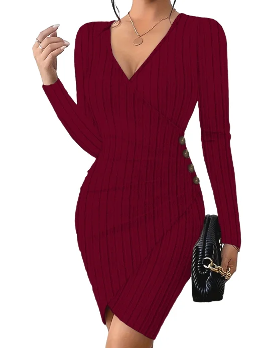 Women's Dress 2023 Autumn New Fashion Casual Solid Color V-Neck Tight Wrap Hip Slim Fit Sexy Long Sleeved Mini Female Dress