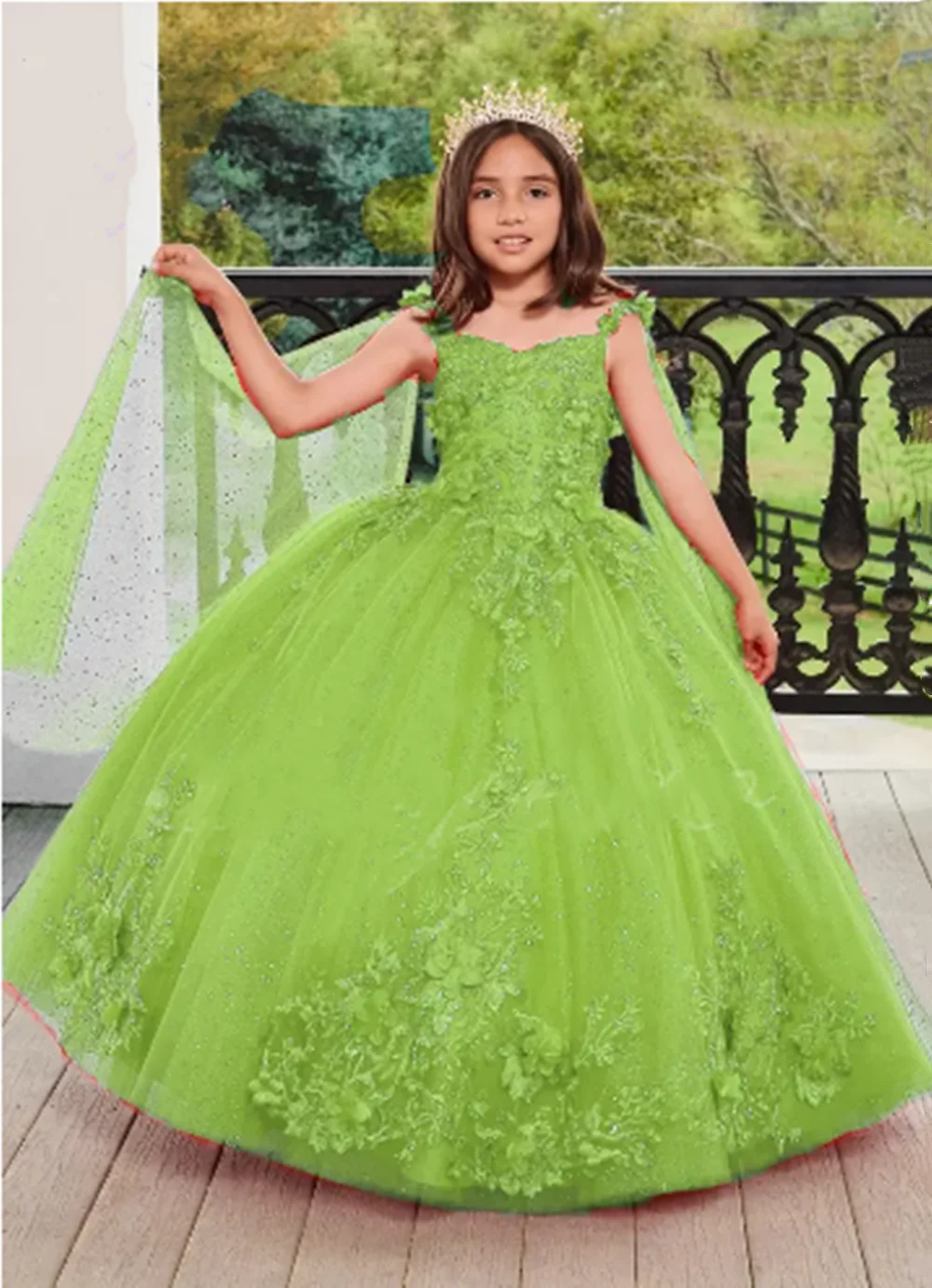 

Green Flower Girl Dress For Wedding Lace Applique Puffy Tulle Floor Length Princess Pageant Kids Birthday Party Ball Gown