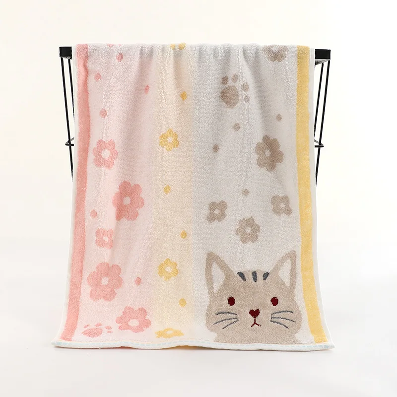 Cute Cat Face Bath Towel Set for Children, Cotton, 1 Set, 70x140 cm, 35x75 cm, Bathroom, High Quality