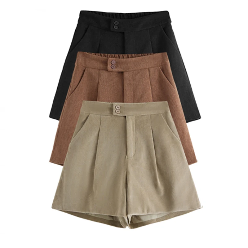 Herfst Winter Corduroy Shorts Dames Hoge taille Afslankende A-lijn Shorts Modieuze Casual Uitloper Bootbroek