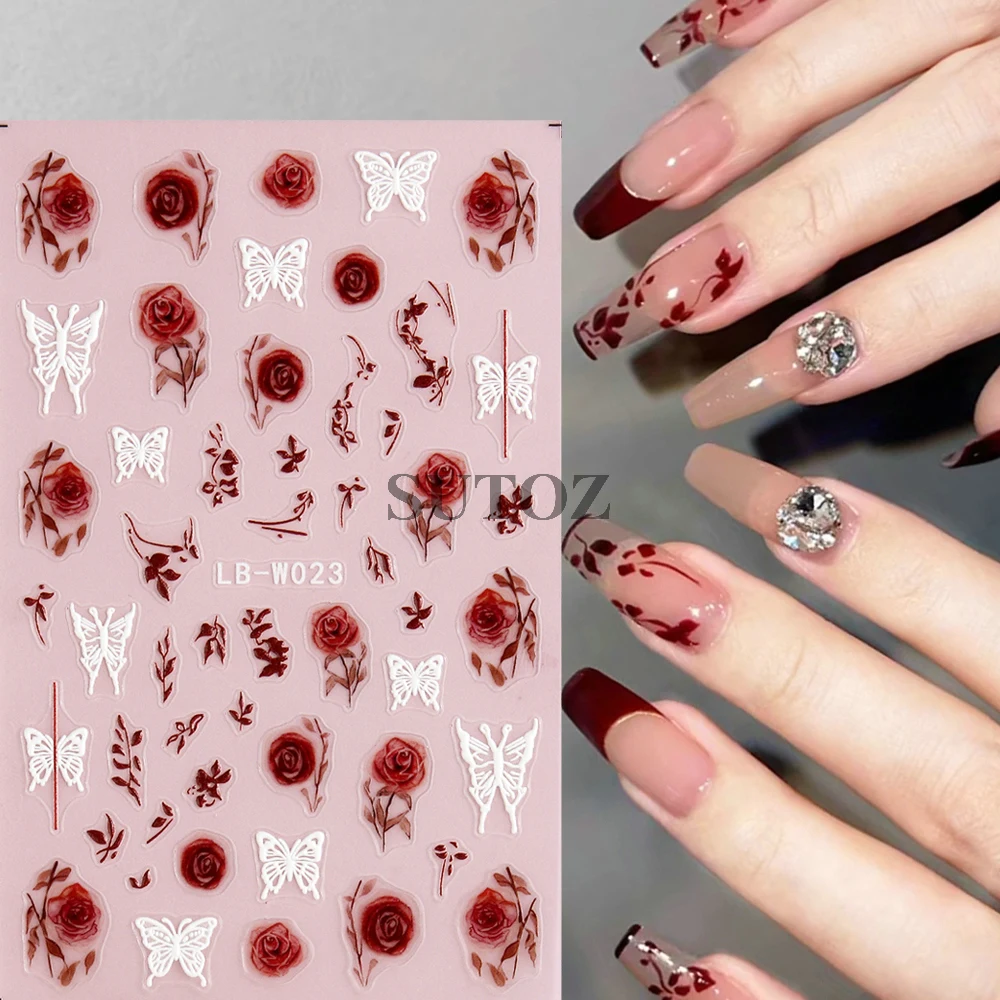 5d Rode Roos Nagelstickers Acryl Retro Bloemen Blad Witte Vlinder Nagel Sliders Mode Elegante Winter Manicure Decors LEBLB-W
