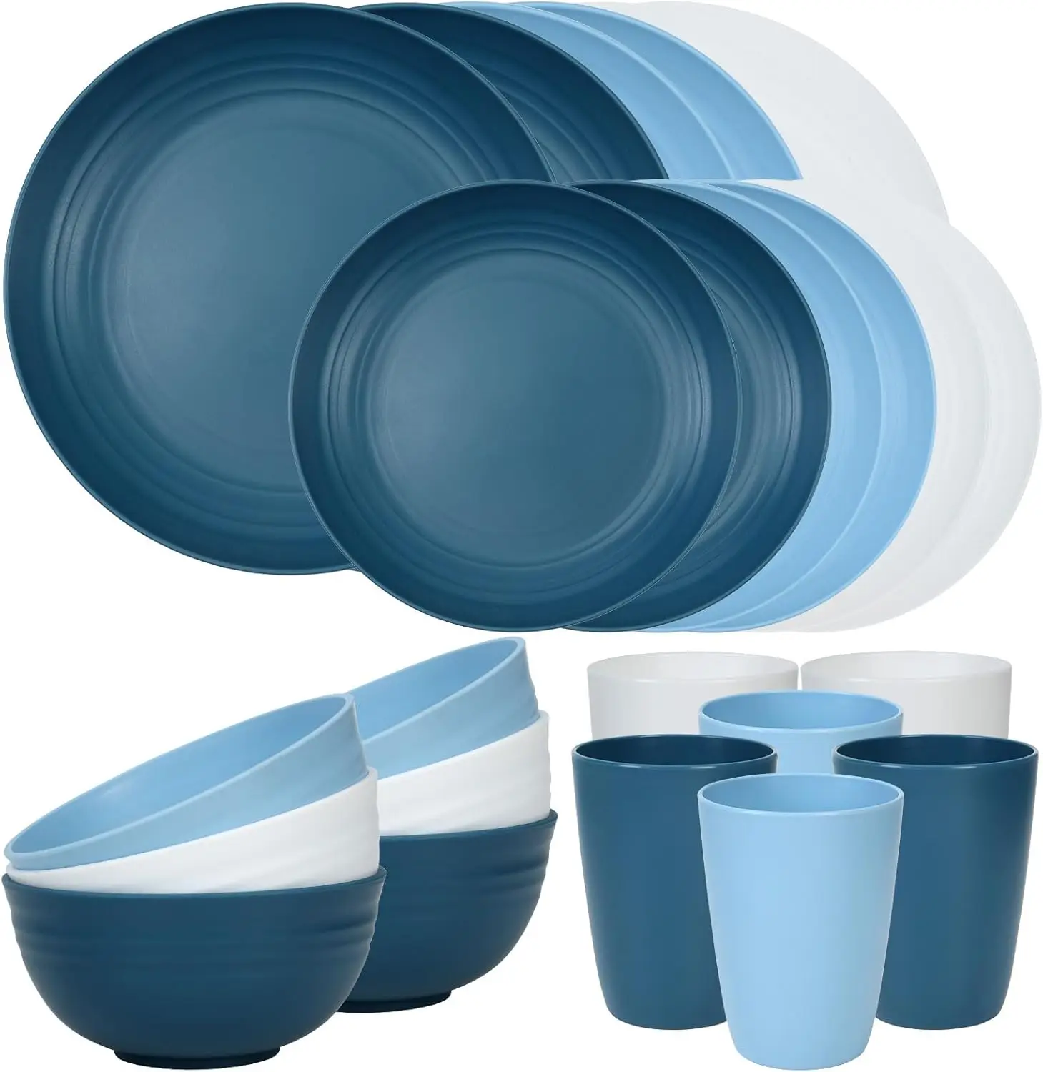 24 Piece Plates and Bowls Sets for 6, Unbreakable Dinnerware Sets, Dish Set for Camping, Dishwasher