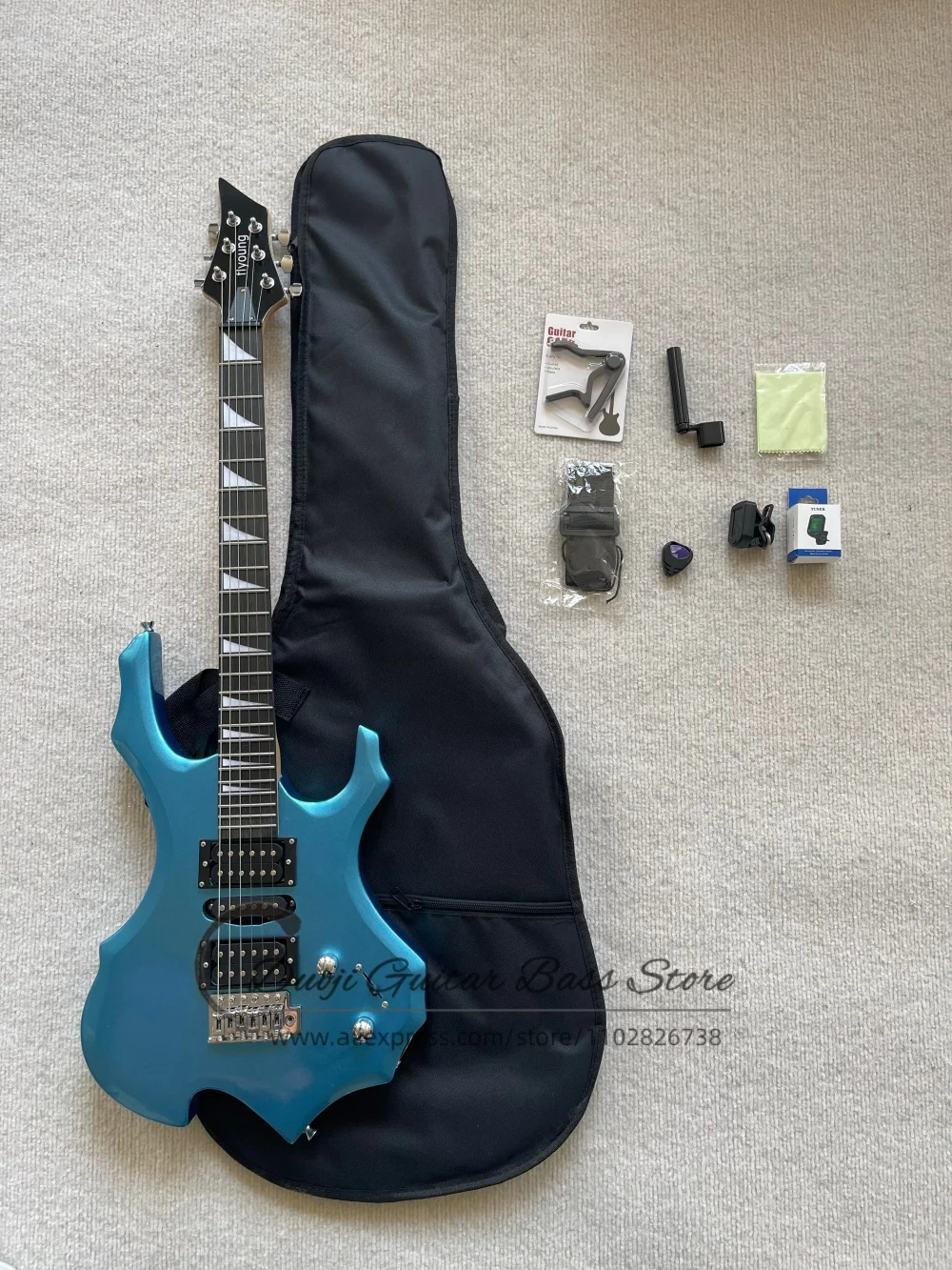 Metal blue guitar, phoenix wood body, technology wood fretboard, single pick-up bridge, included guitar big, tuning accessories