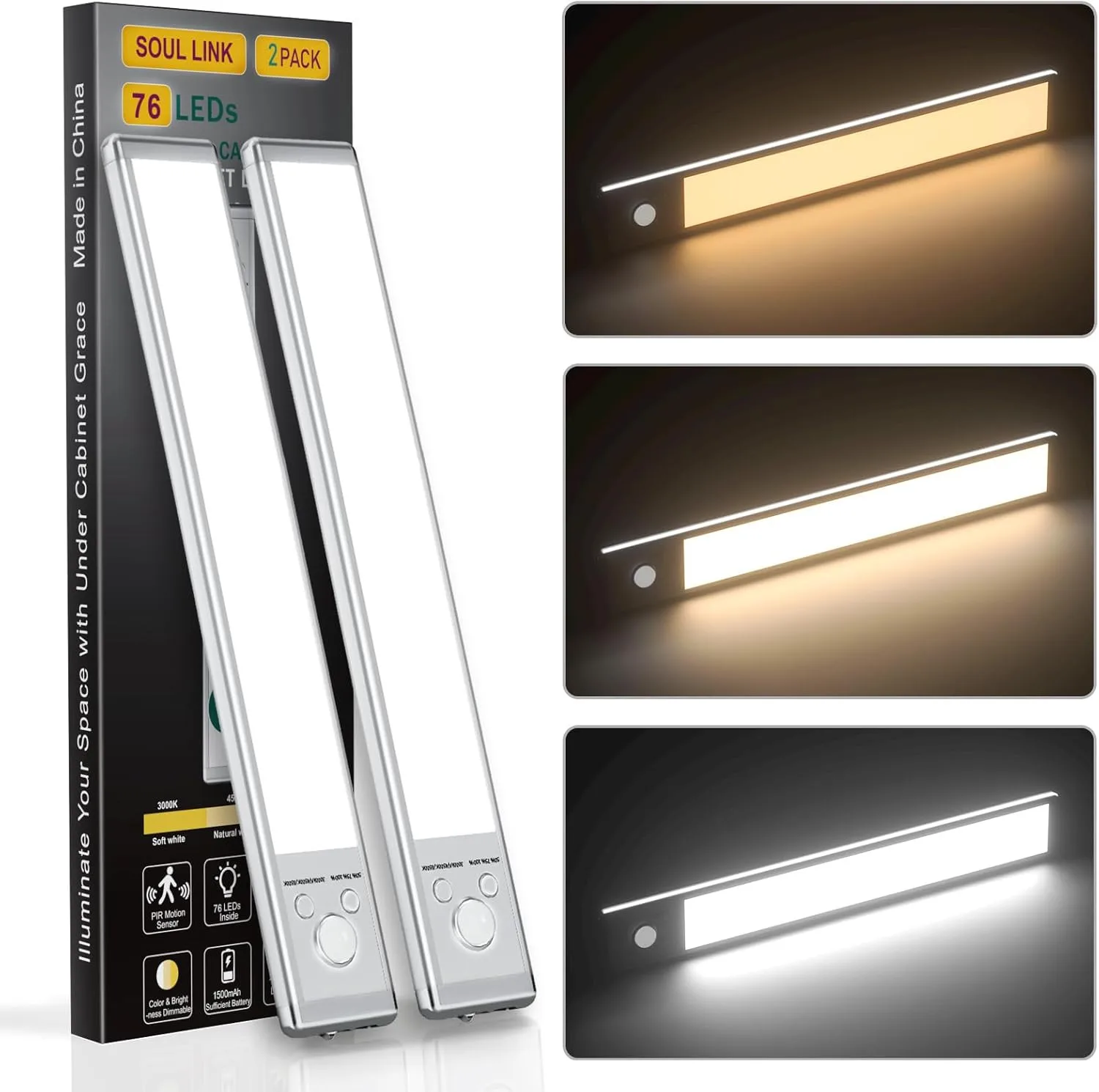 Wireless USB-C Rechargeable Under Counter Lights 3 Color Temperatures & Adjustable Brightness 76 LED Operated Motion Sensor Light Indoor  Magnetic Mount for Kitchen 1500Mah USB Rech 9.6inch Under Cabinet Lights Under Cabinet Lights