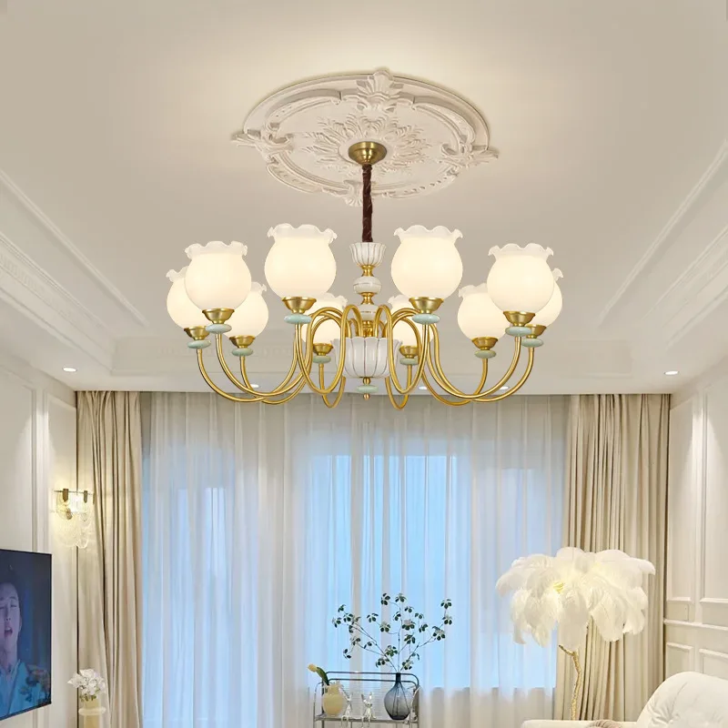 

Полностью медная французская люстра, лампа для гостиной, антикварный ретро-кабинет, люстра для спальни, американская светлая роскошная лилия клапана.