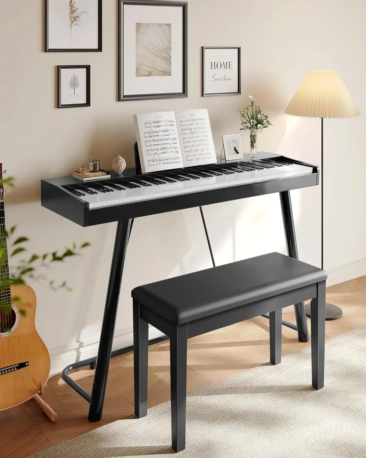 Duet Piano Bench with Padded Cushion and Storage Compartment, Piano Chair Seat, 13.4 x 29.1 x 19.7 Inches, Ink Black UL