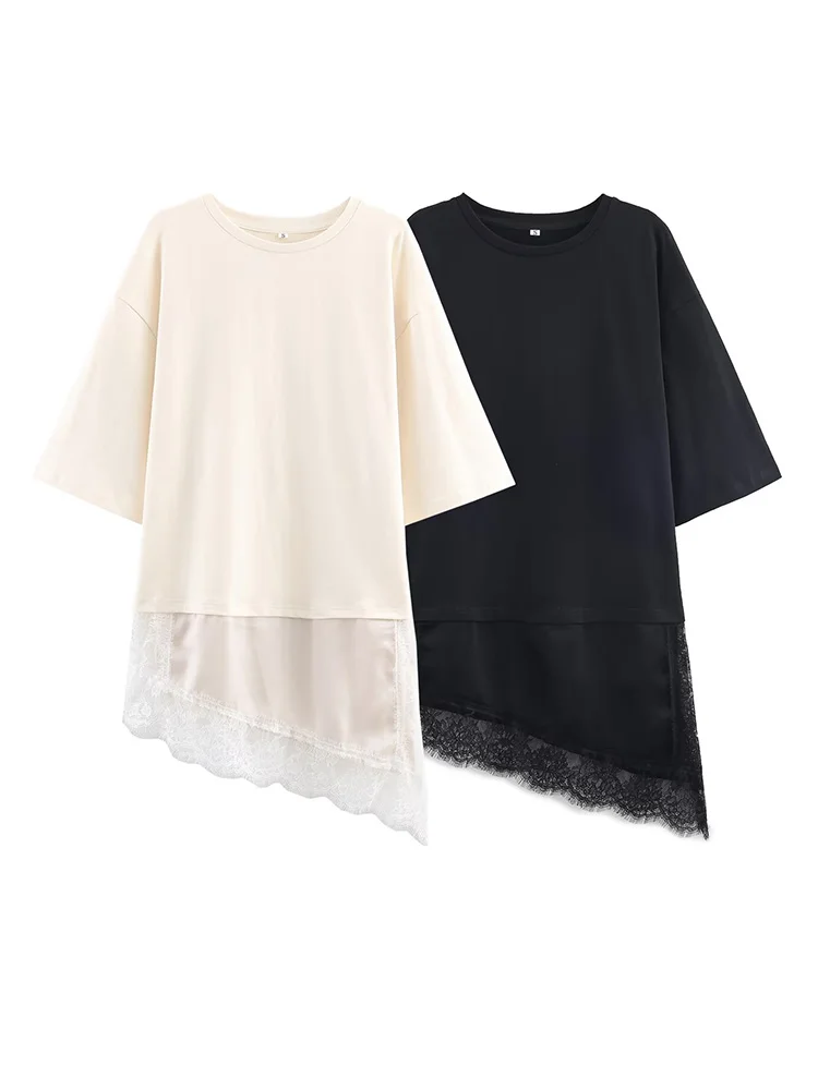 

HH Woman Spring Fashion Round Collar Short Sleeves Asymmetrical Splice Lace Decoration T-shirt Female Chic Casual Solid Tops