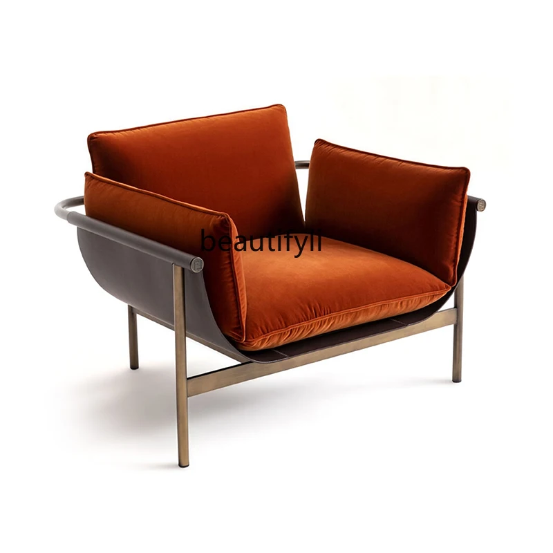 

Conference Chair Stainless Steel Single-Seat Sofa Chair Italian Light Luxury Living Room Saddle Leather Leisure Chair