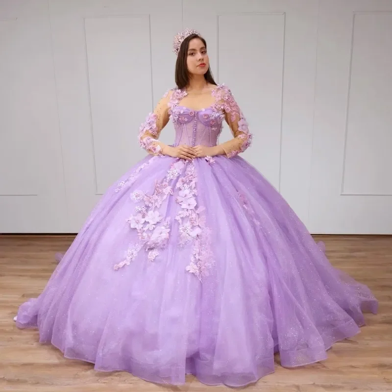 

Glitter Lavender Sweetheart Quinceanera Dress Ball Gown Long Sleeved 3DFlowers Appliques Beads Birthday Pageant Sweet 15 Dress