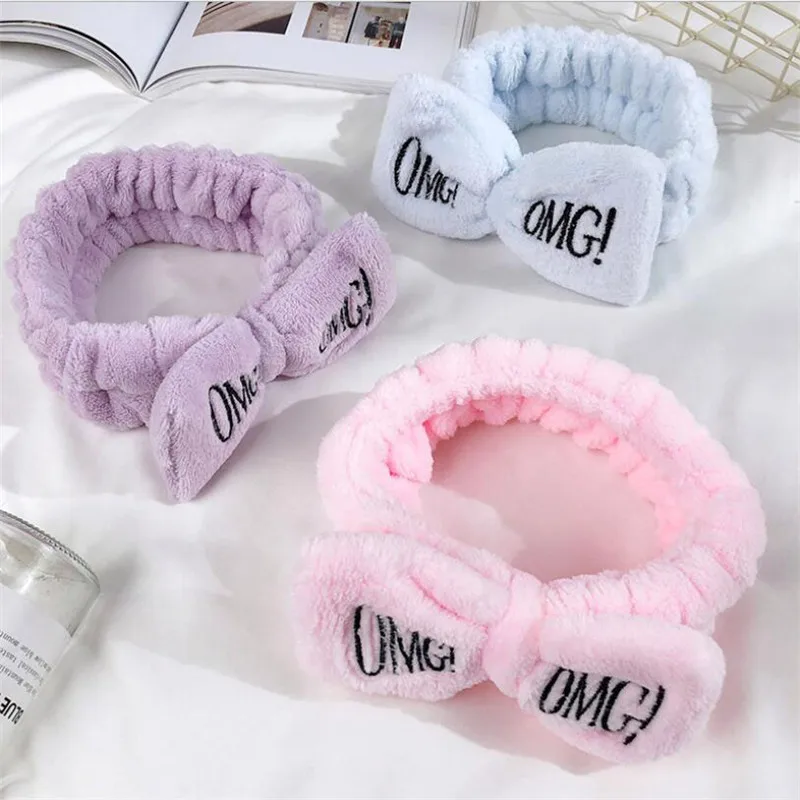 Makeup Headband for Women Solid Color Bowknot With OMG Embroidery Coral Fleece Spa Wash Face Remover Skincare Hair Accessories