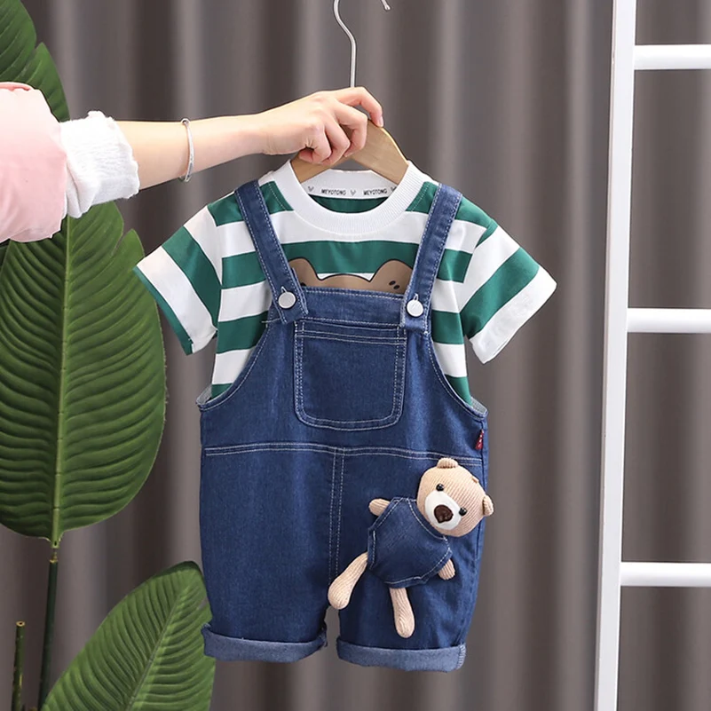 Two piece set/boys fashion wide striped printed cartoon bear head short sleeved+three-dimensional bear denim strap pants