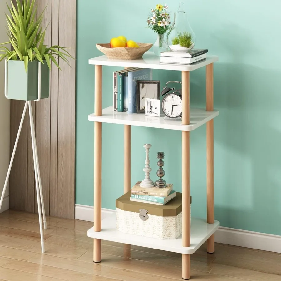 3Tier Side Table Tall End Table with Storage Rack Wooden Bedside Table for Living Room Bedroom Office NoTool Assembly White.