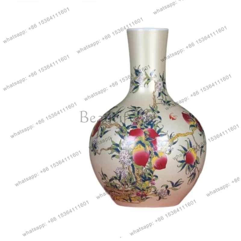 Ceramic Pastel Peach and Longevity Pattern Gold Vase Craft Ornament