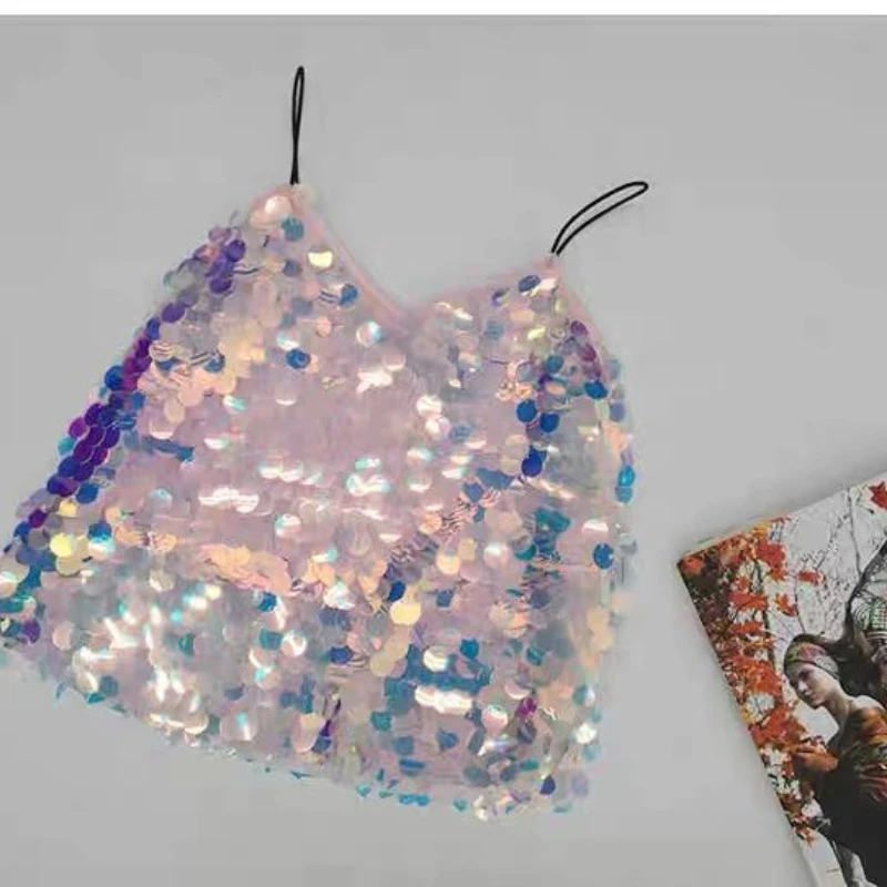 Modny Brokatowy Seksowny Top na Ramiączkach z Dekoltem w Serek na Występ Sceniczny, Urodziny, Imprezę, na Cienkich Ramiączkach