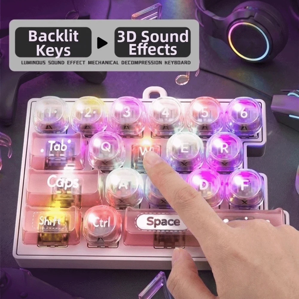 Portable Glowing 19 Keyboard Keychain Stress Relief Creative Fingertip Button Key Ring with LED Lights Fidget Bag Accessory