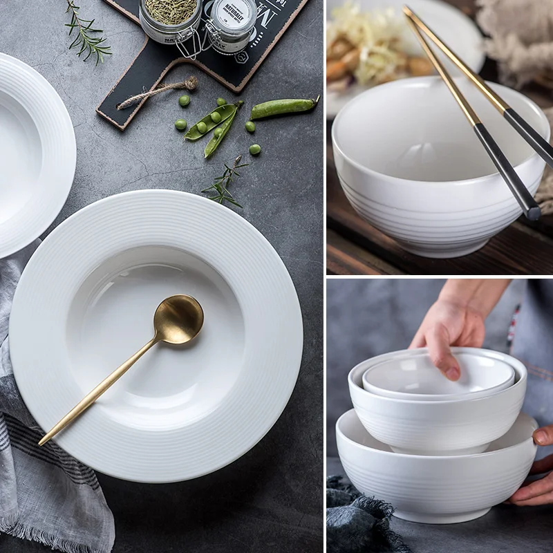 Nordic minimalist pure white ceramic tableware set, sky ladder rice bowl, soup bowl, pasta dish combination