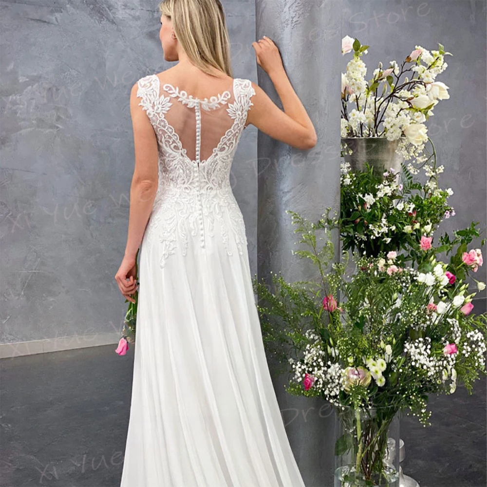 Pretty A Line Women's Wedding Dresses Elegant Appliques Lace Bride Gowns Sexy Charming V Neck Sleeveless Vestidos Novias Boda