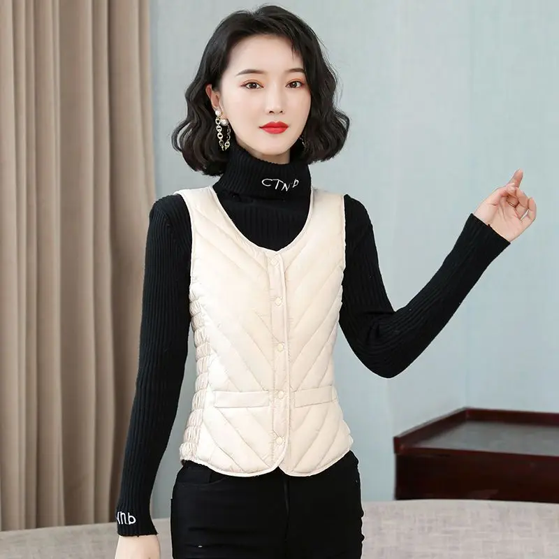 Women Autumn Winter Fashion Simplicity All-match Button Solid Color V-neck Women Clothes Appear Thin Cotton Liner Thick Vest top