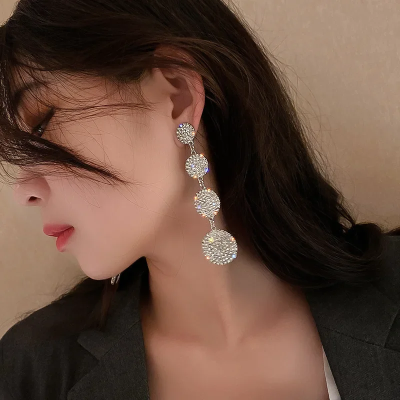 925 Silver needles geometric circle long earrings