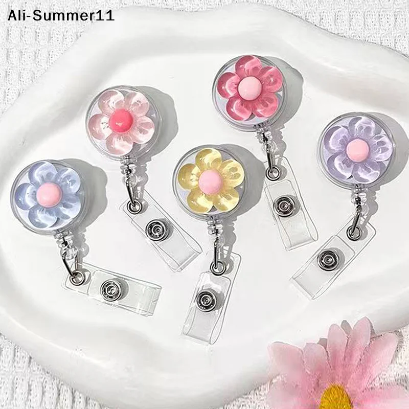 【A6L】Cute Transparent Floral Badge Reel For Women Retractable Worker ID Card Pull Buckle Doctore Nurse ID Card Badge Holder Clip