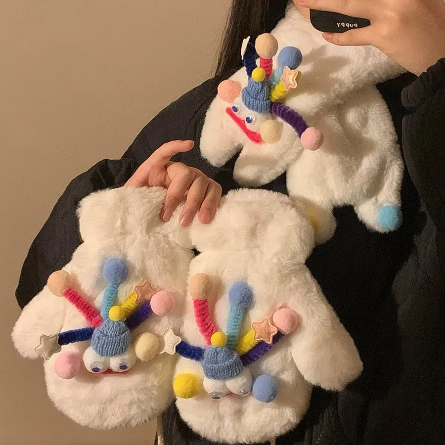 Nouveaux gants écharpe originaux mignons et en peluche épais chaud cyclisme cou suspendus gants pour l'hiver froid et coupe-vent femme étudiant cadeau