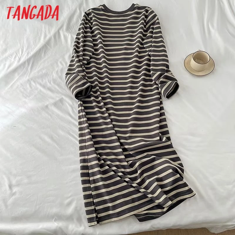 Tangada 2023 Women Loose Striped Sweatshirt Dress Loose Short Sleeve Ladies Midi Dress XLJ184