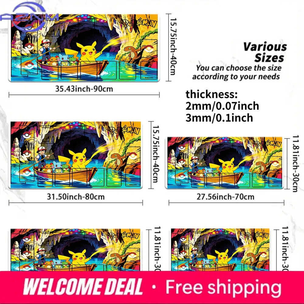 Pokemon Ash Pikachu Boat Cave Adventure TCG Playmat, Trading Card Game Mat with Zones, Multiple Sizes 2mm/3mm Thick Non-Slip Mou