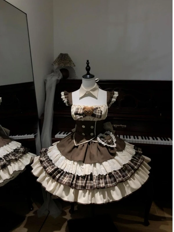 

Cute Japanese Style Lolita Skirt with Bow Design And Puffy Sleeves Heavy Embellishment Soft Girl Vintage Style Summer Dress