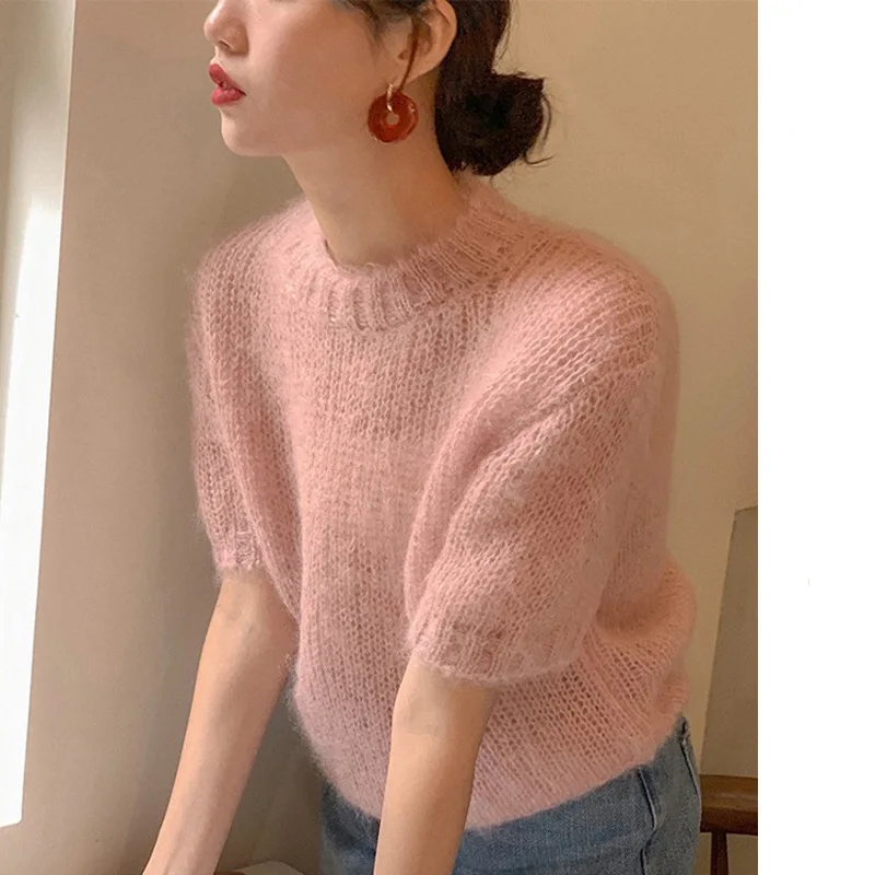 Pink Sweater Women Mohair Wool Short Sleeve Thin Knit Versatile Retro Idle Sle Very Fairy Sweater Cocoon Shaped