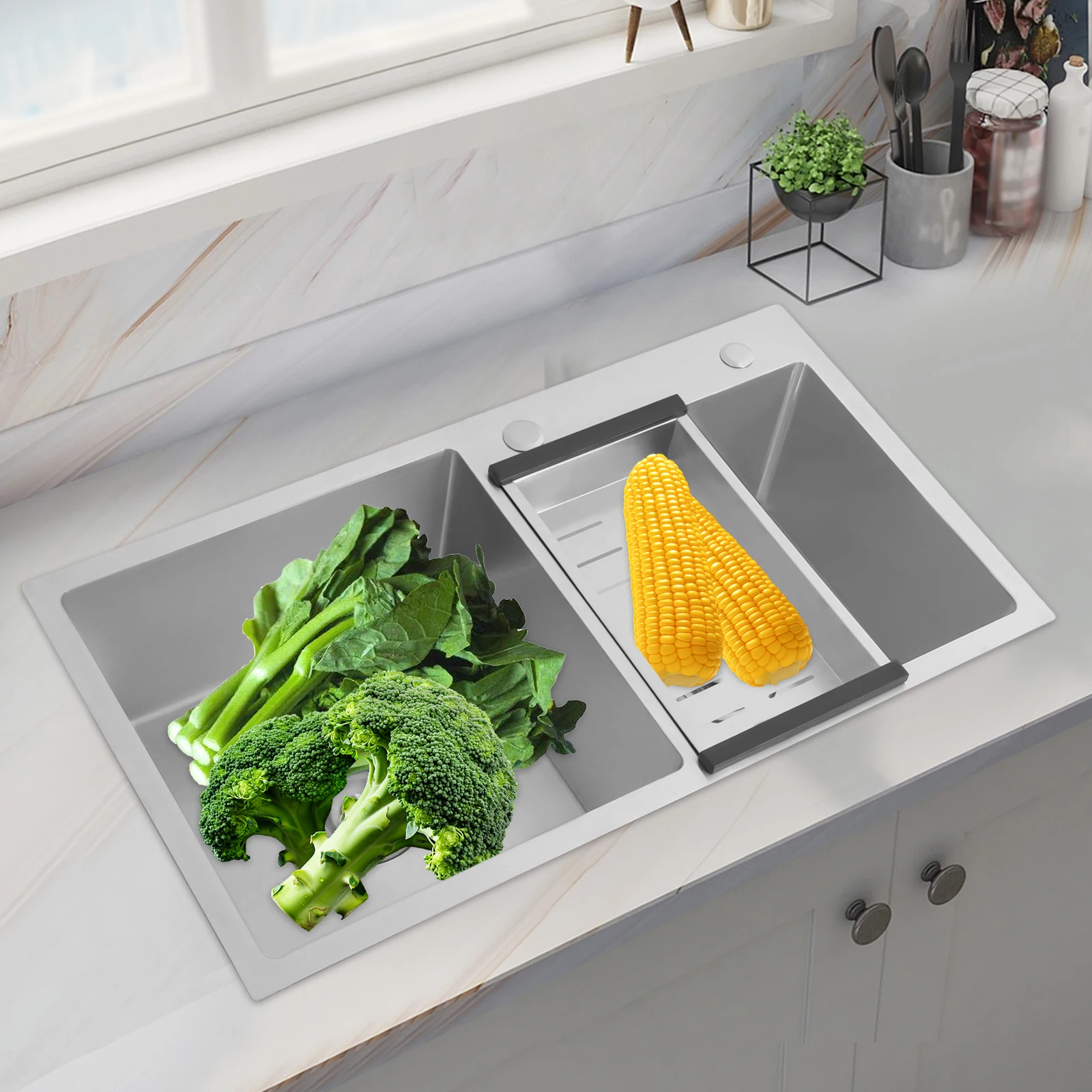 더블 보울 스테인레스 스틸 싱크대 주방 싱크대 배수 바구니 78x43cm 와이어 드로잉 마감