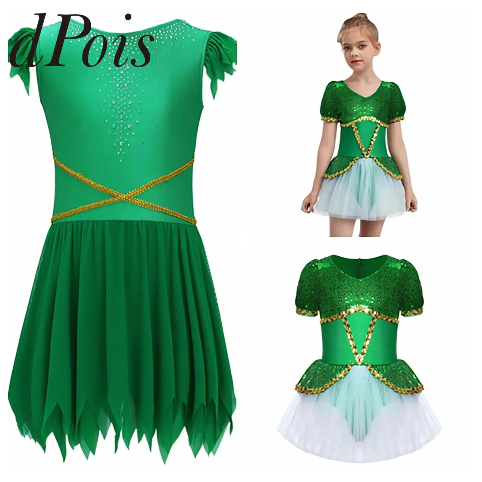 

Детский костюм цветочной феи для девочек, платье-пачка с блестящими пайетками, балетное трико, зеленое сетчатое нарядное платье на Хэллоуин, костюмы