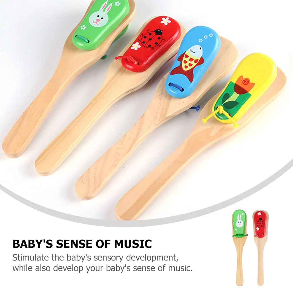 2 pçs cabo longo castanholas de madeira ringboard crianças instrumentos musicais criança brinquedos de percussão presentes educativos