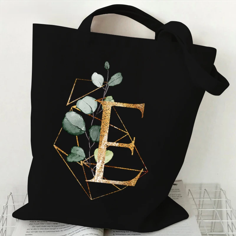 Golden Plant Print Canvas Bag Women\'s Shoulder Bag Fashion Floral Letter Shopping Shopper Ladies Hand Bags Alphabet Tote Bag