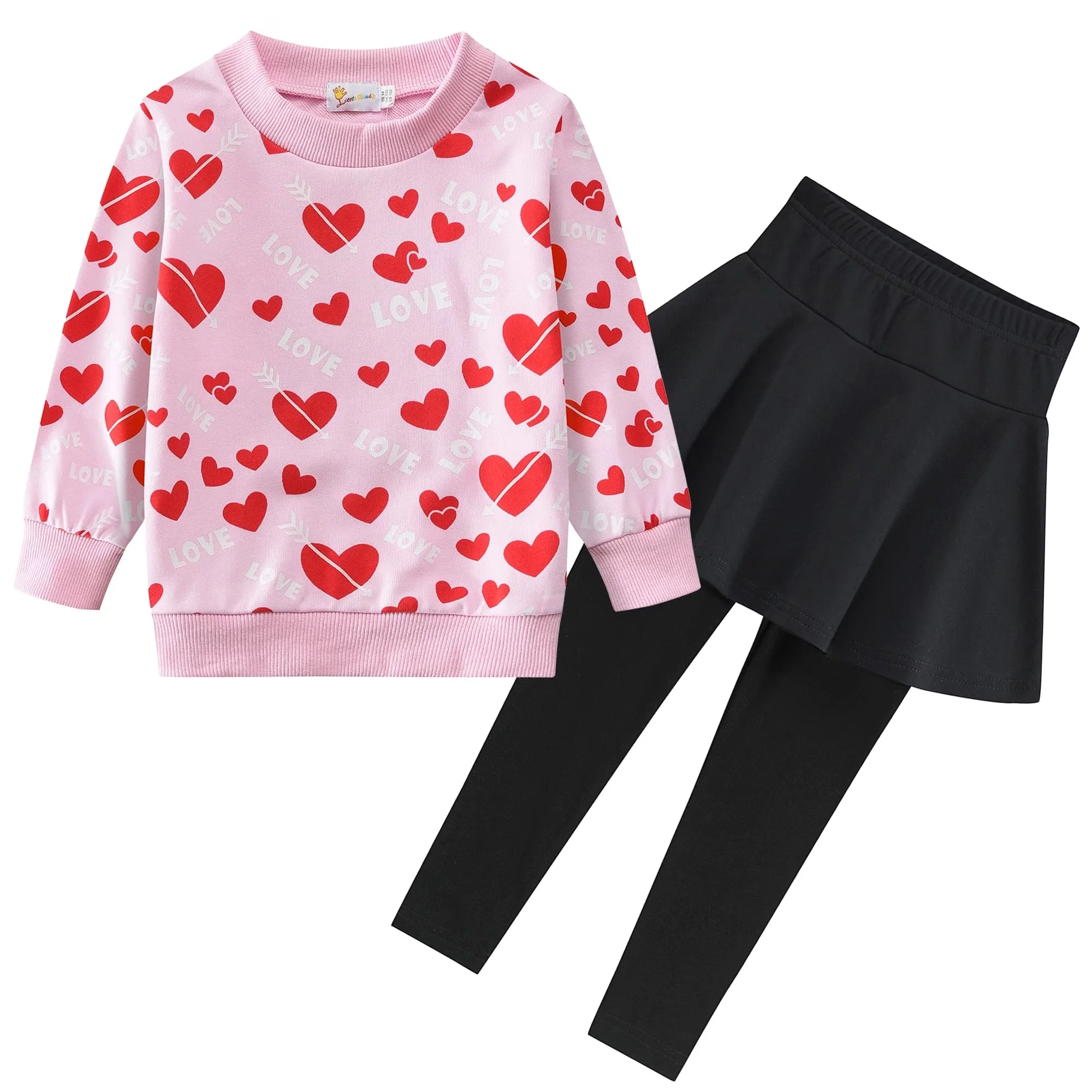 Little Hand Girls Clothing Heart Print Outfit for Kids 2Pcs Pant Set Toddler Long Sleeve Sweatshirt Tops and Leggings Skirt 2-10