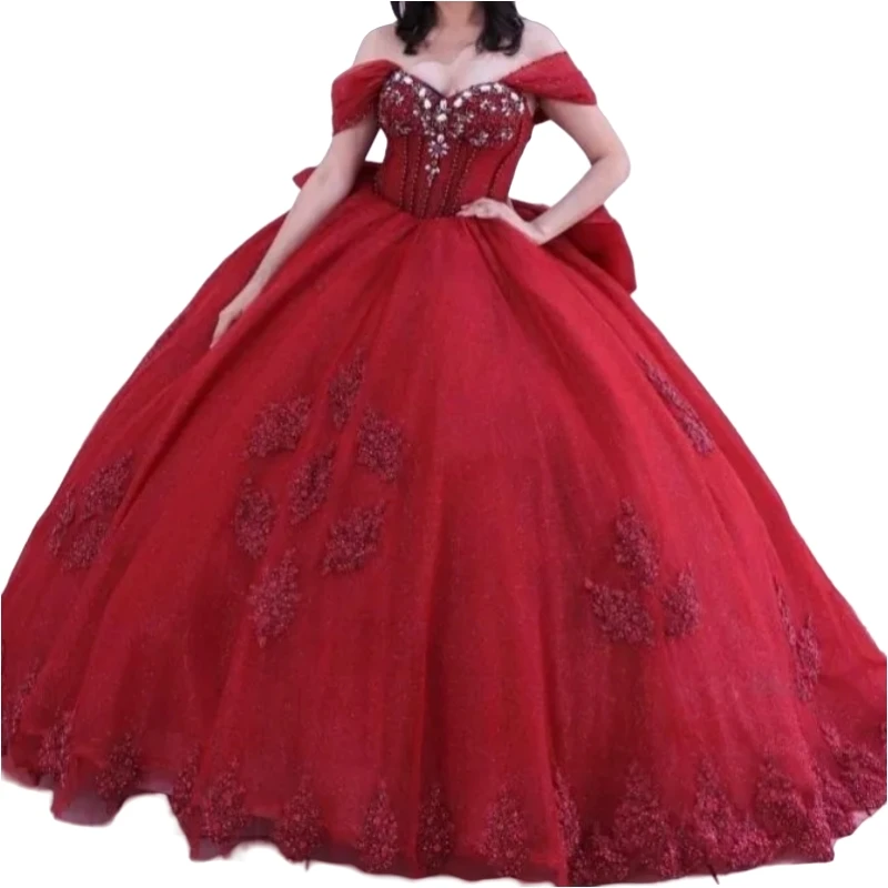 AQ129 Aangepaste Rode Prinses Quinceanera Jurken Off Schouder Crystal 15e Meisje Verjaardagsfeestje Jurk Prom Gown Vestido De 16 14