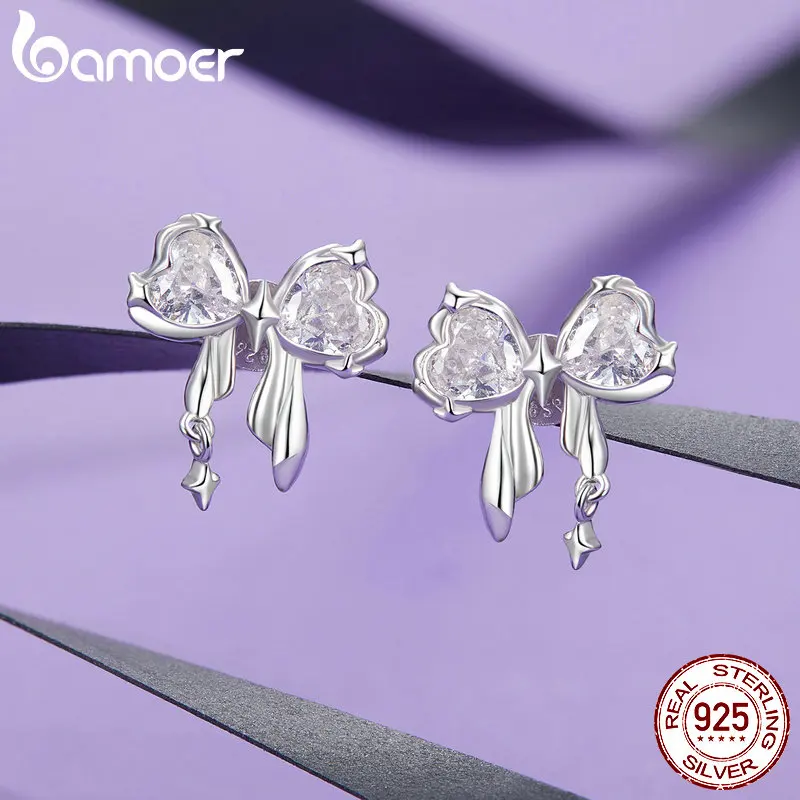 BAMOER-Boucles d'oreilles nœud papillon en argent regardé 925 pour femme, clous d'oreille extron, Saint Valentin, bijoux cadeau pour elle