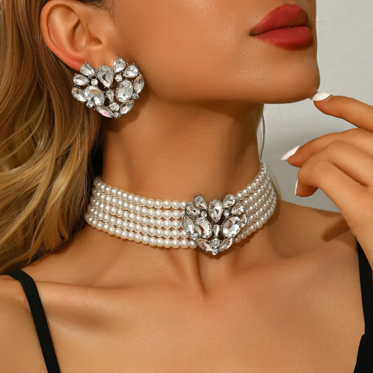 New Ornate Faux Pearl Multi Row Necklace Earrings Set for Women Evening Formal Bridal Wedding Paved Cluster Waterfall Party Gift