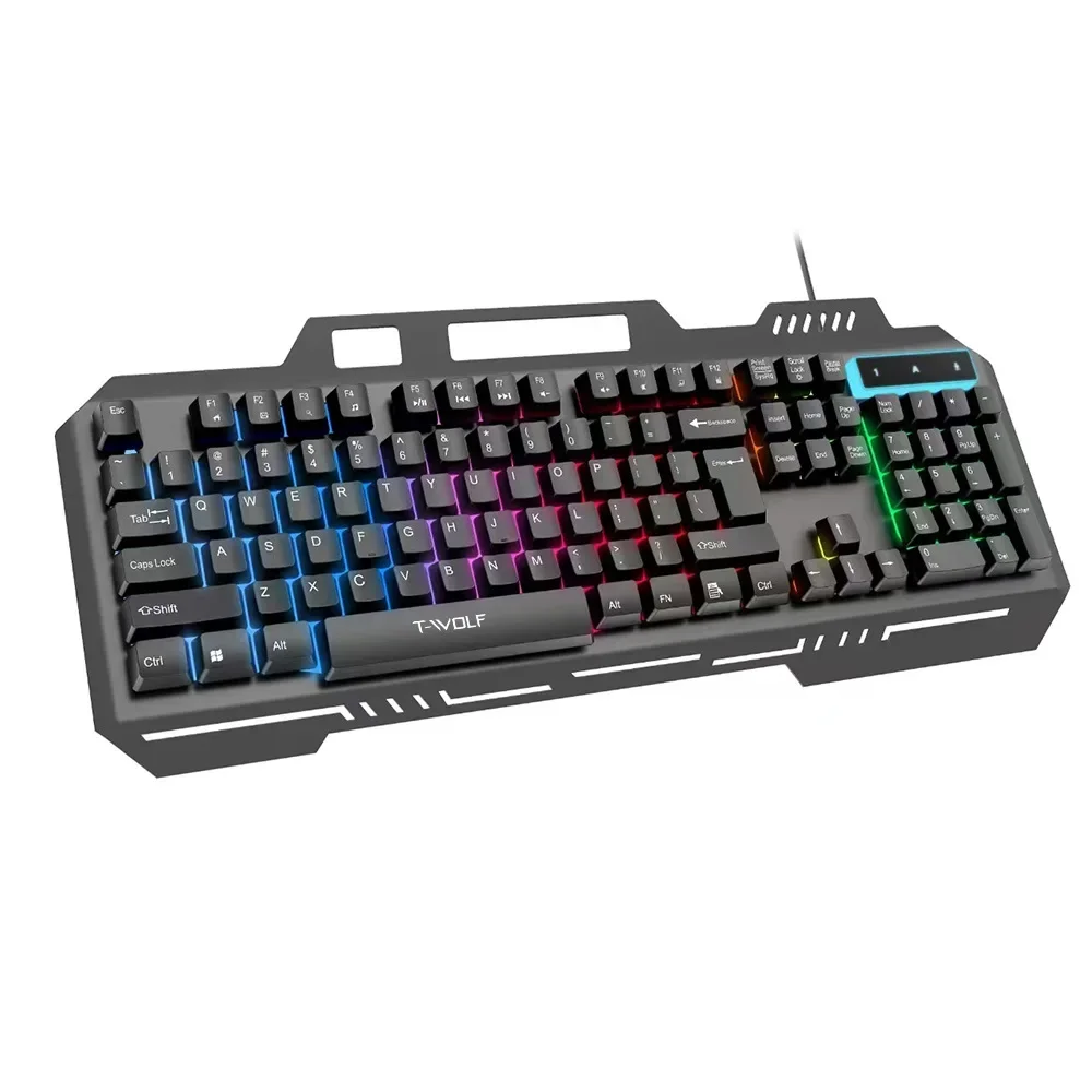 Teclado con cable para juegos T-WOLF T16 con tablero de Metal, teclas iluminadas, conexión USB, escritura silenciosa y soporte para teléfono para PC de escritorio