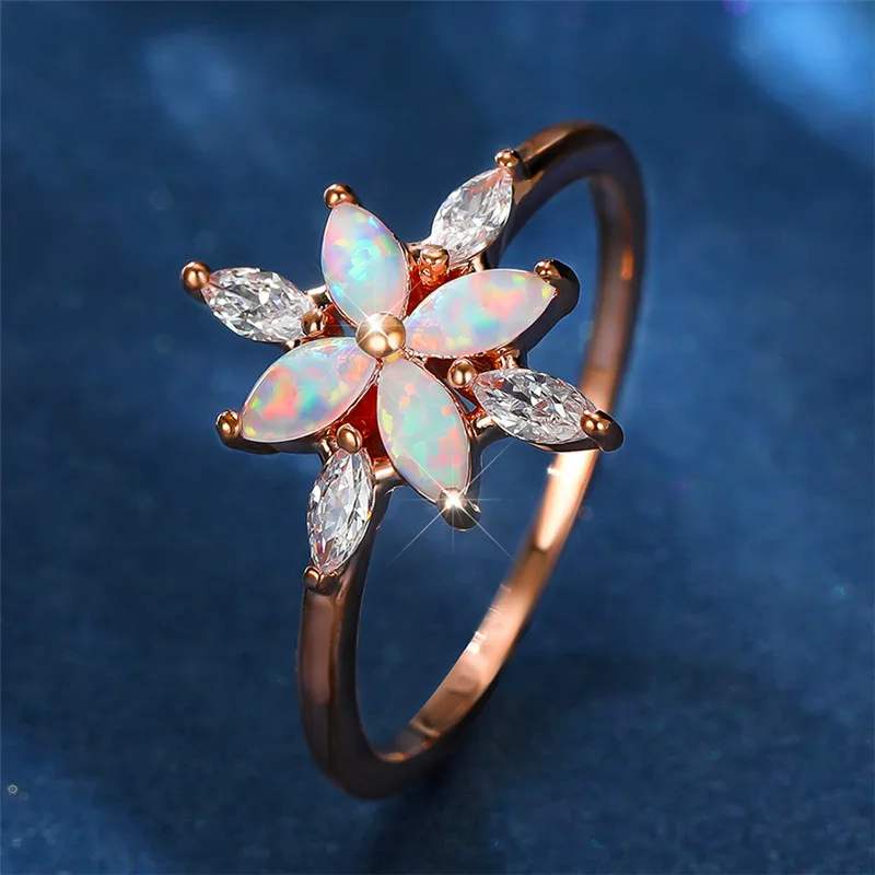 Cute Female White Fire Opal Stone Ring Charm Rose Gold Color Flower Wedding Jewelry For Women