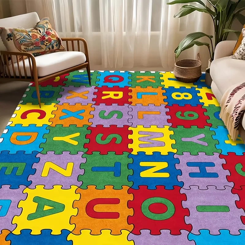 Colorful Alphabet Puzzle Print Kids Area Rug Soft Non-Slip Educational ABC Number Play Mat Learning Home Decor Floor Carpet